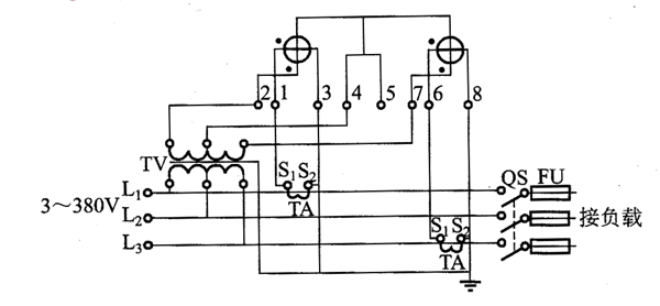 DS型三相三線有功電能表配電壓互感器、電流互感器接線原理圖